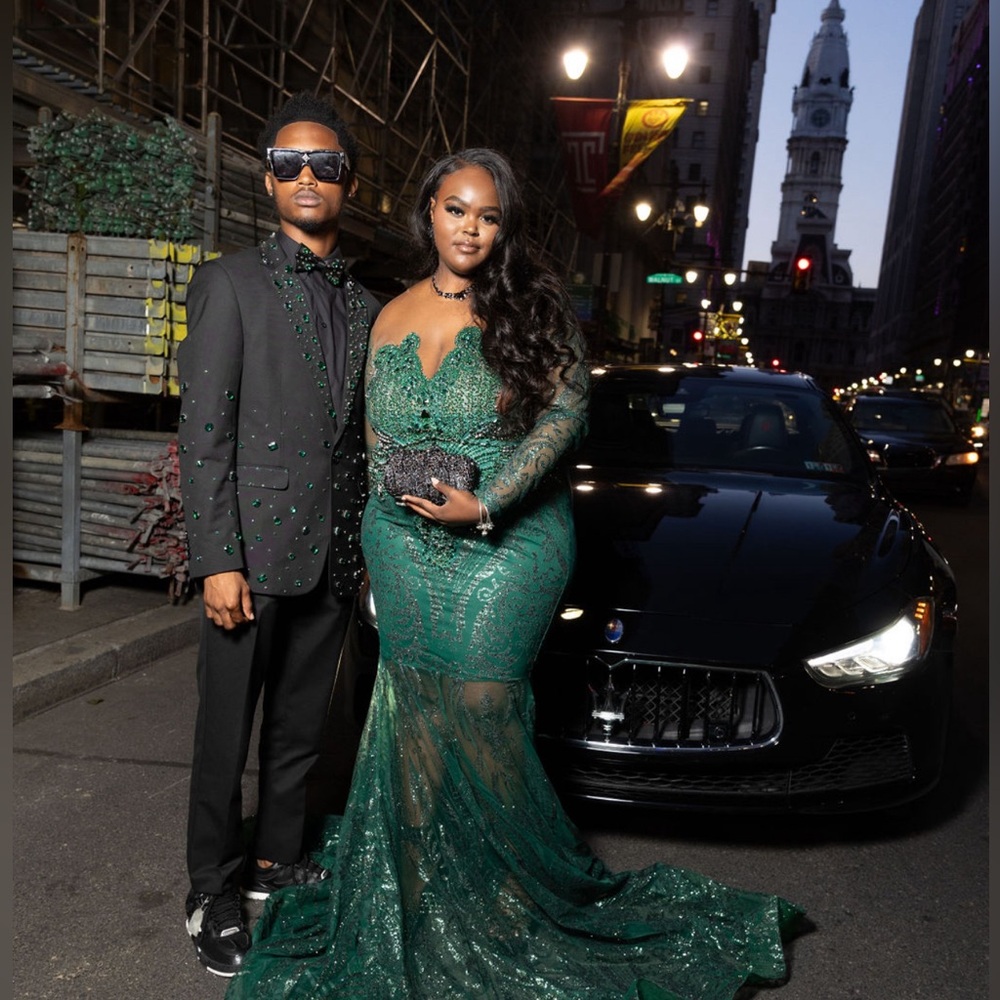 Custom emerald green rhinestone and black gold stone diamond PROM DRESS